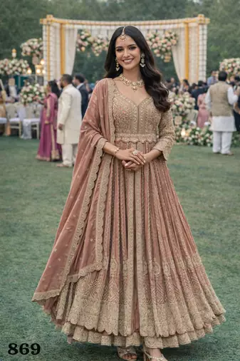  peach chinon embroidered anarkali gown set with dupatta & bottom