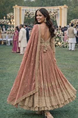  peach chinon embroidered anarkali gown set with dupatta & bottom 3