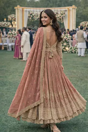  peach chinon embroidered anarkali gown set with dupatta & bottom
