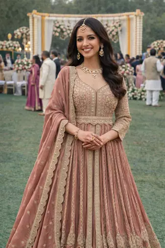  peach chinon embroidered anarkali gown set with dupatta & bottom