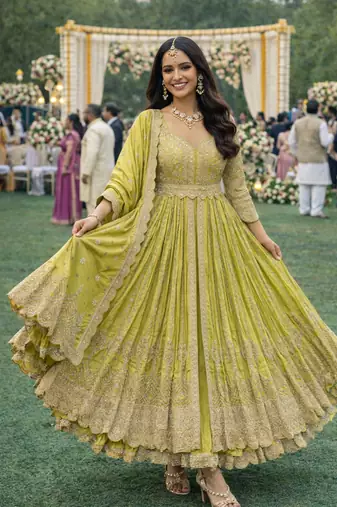 Elegant lime green chinon embroidered anarkali gown set with dupatta & bottom