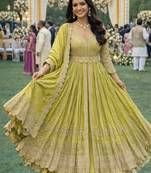 Elegant lime green chinon embroidered anarkali gown set with dupatta & bottom