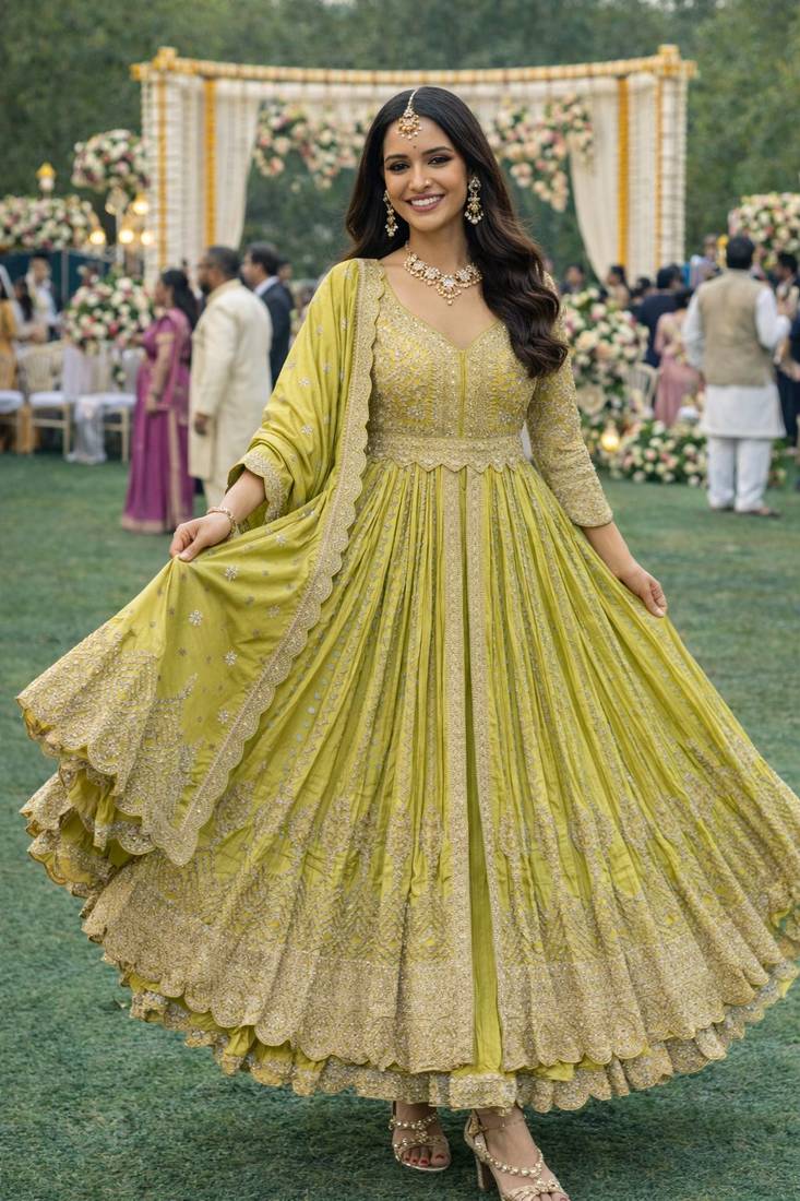 Elegant lime green chinon embroidered anarkali gown set with dupatta & bottom