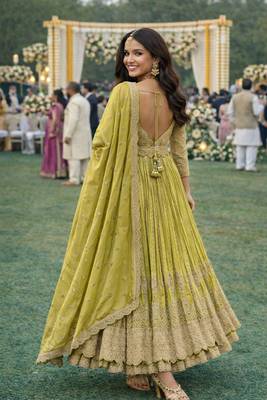  lime green chinon embroidered anarkali gown set with dupatta & bottom 2