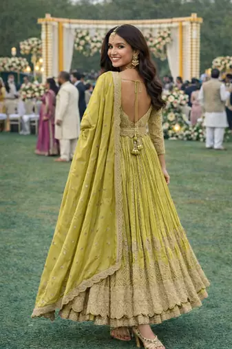  lime green chinon embroidered anarkali gown set with dupatta & bottom