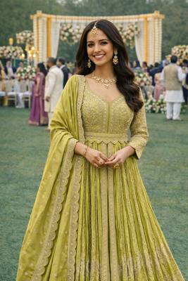  lime green chinon embroidered anarkali gown set with dupatta & bottom 3
