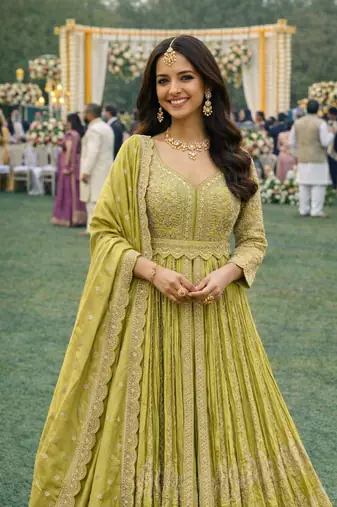  lime green chinon embroidered anarkali gown set with dupatta & bottom