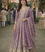 Graceful embroidered lavender chinon silk anarkali gown set with palazzo & dupatta