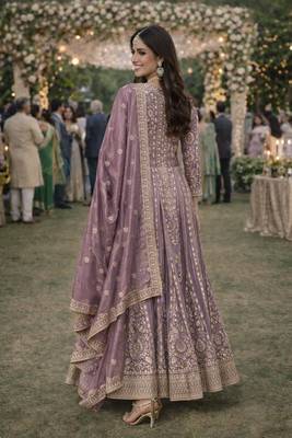 Graceful embroidered lavender chinon silk anarkali gown set with palazzo & dupatta 2
