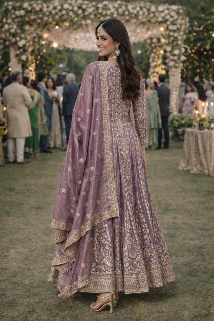 Graceful embroidered lavender chinon silk anarkali gown set with palazzo & dupatta