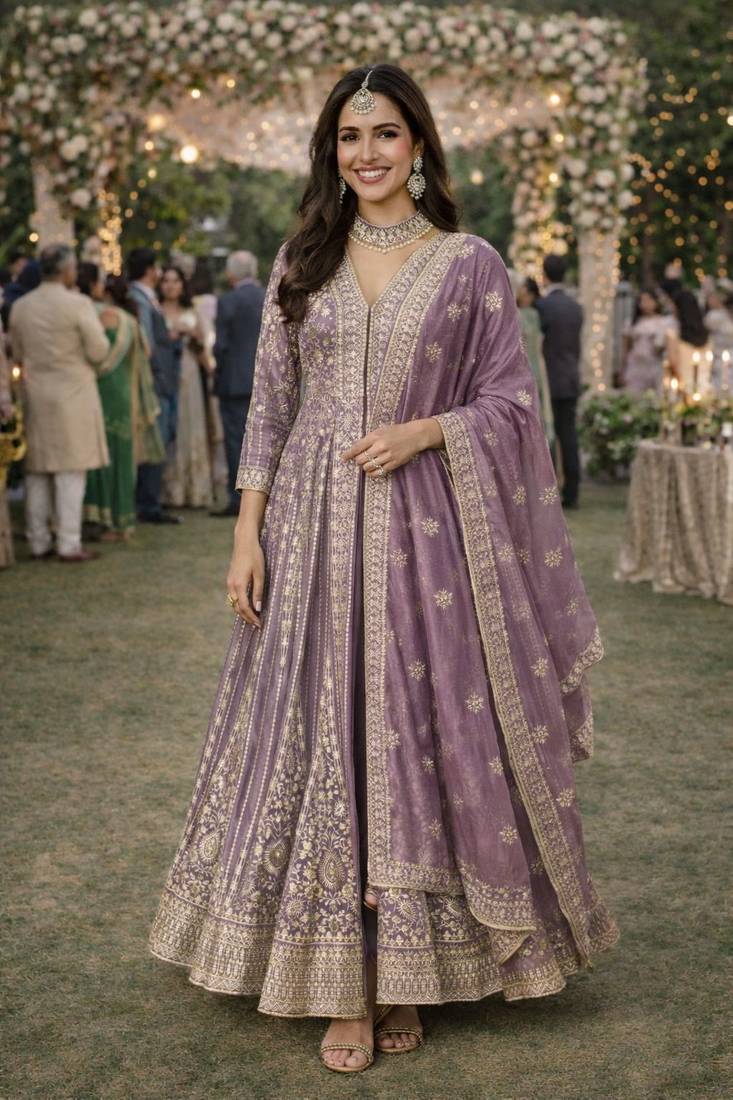 Graceful embroidered lavender chinon silk anarkali gown set with palazzo & dupatta