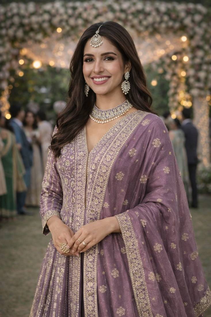 Graceful embroidered lavender chinon silk anarkali gown set with palazzo & dupatta