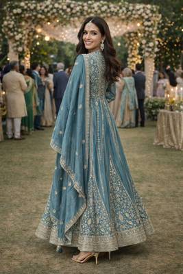 Graceful embroidered blue chinon silk anarkali gown set with palazzo & dupatta 2