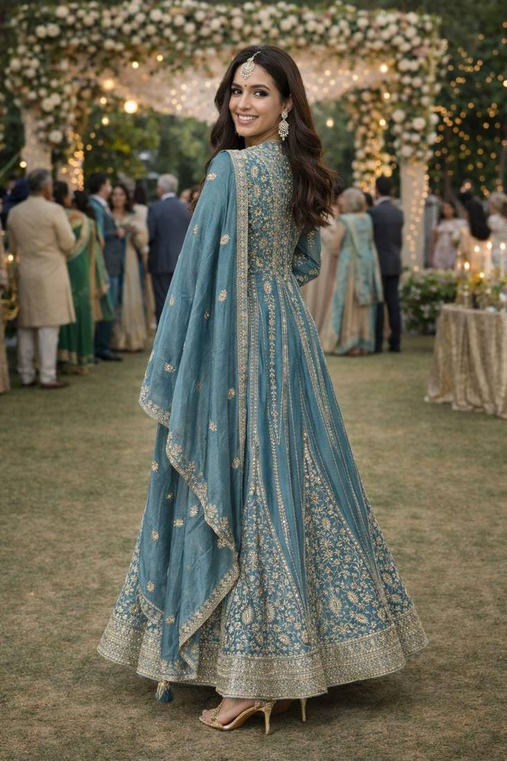 Graceful embroidered blue chinon silk anarkali gown set with palazzo & dupatta