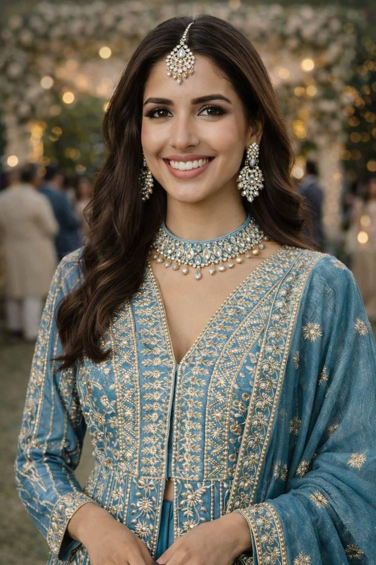 Graceful embroidered blue chinon silk anarkali gown set with palazzo & dupatta