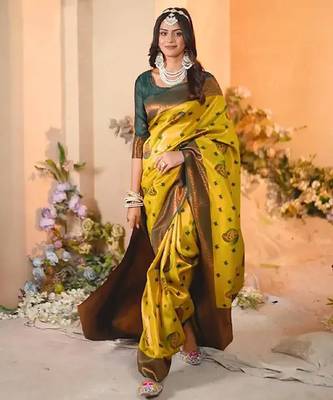 lemon green silk blend banarasi saree with unstitched blouse piece 1