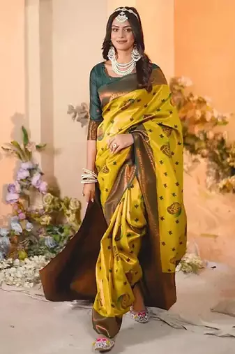 Lemon green  soft silk blend banarasi jacuard work designer party wear saree with unstitched blouse piece