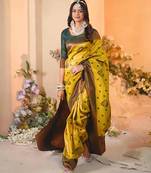 Lemon green  soft silk blend banarasi jacuard work designer party wear saree with unstitched blouse piece