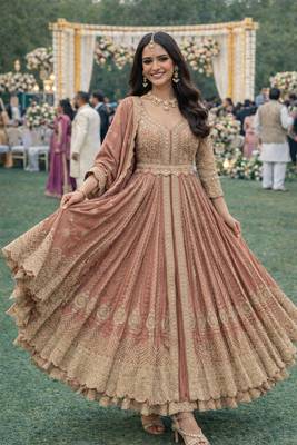  peach chinon embroidered anarkali gown set with dupatta & bottom 5