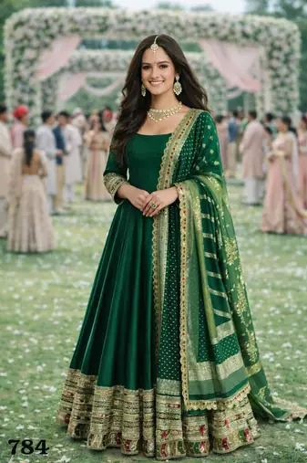  emerald green silk embroidered anarkali gown with dupatta