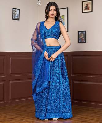 blue embroidered chikankari style georgette lehenga choli set 1