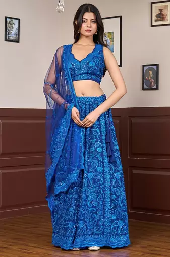 blue embroidered chikankari style georgette lehenga choli set