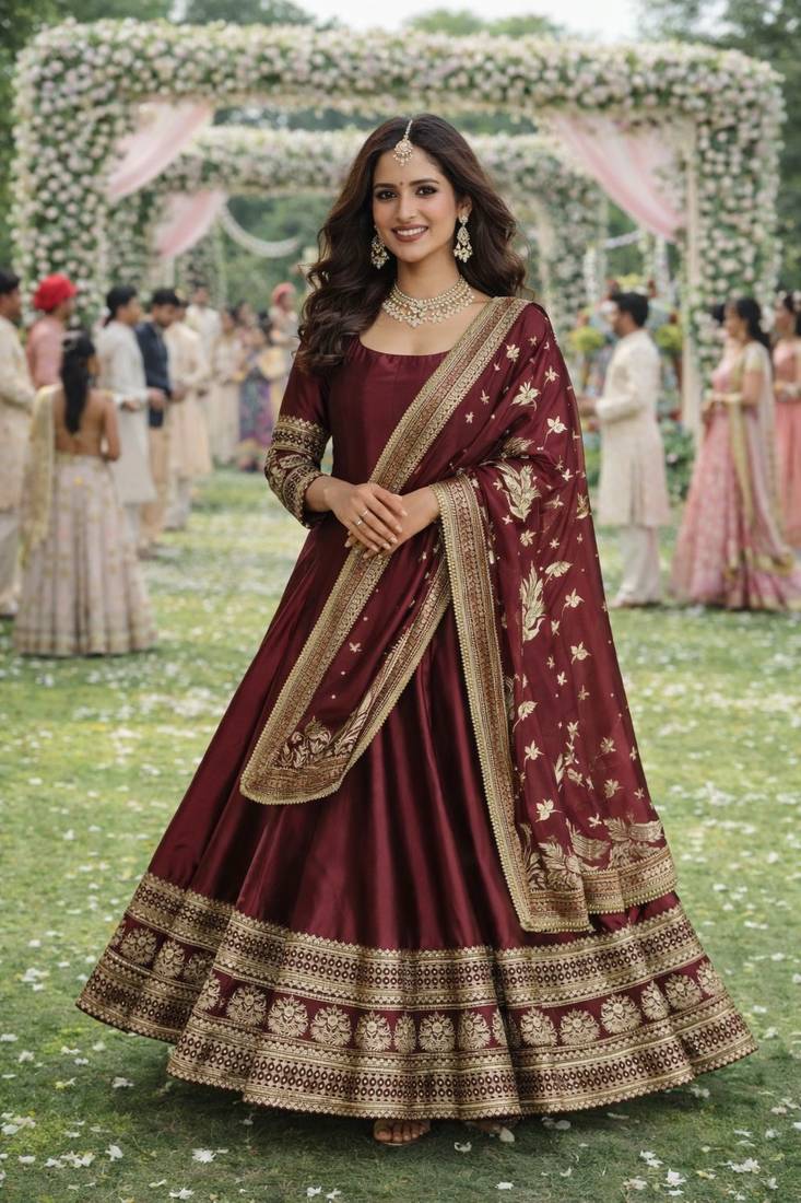 Elegant maroon silk embroidered anarkali gown with dupatta
