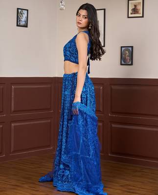blue embroidered chikankari style georgette lehenga choli set 2