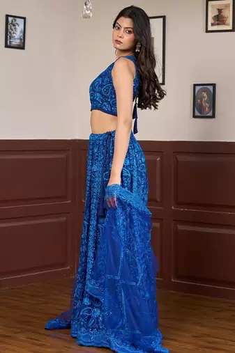 blue embroidered chikankari style georgette lehenga choli set