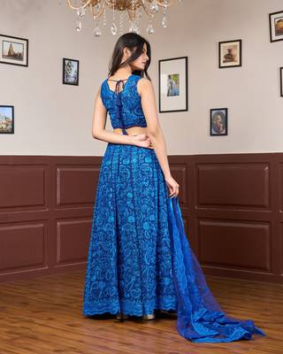 blue embroidered chikankari style georgette lehenga choli set 3