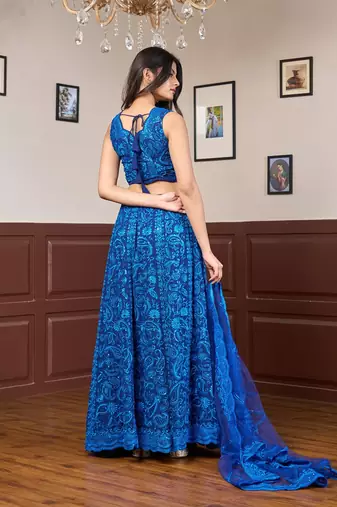 blue embroidered chikankari style georgette lehenga choli set
