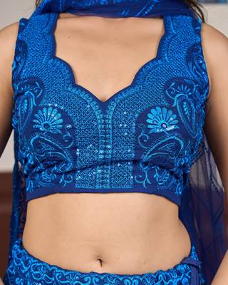 blue embroidered chikankari style georgette lehenga choli set 4