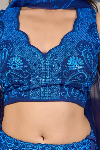 blue embroidered chikankari style georgette lehenga choli set