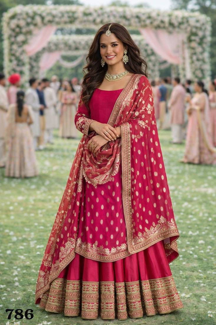 Elegant pink silk embroidered anarkali gown with dupatta