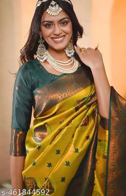 lemon green silk blend banarasi saree with unstitched blouse piece 2