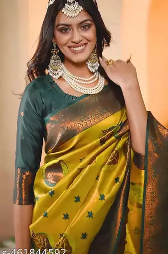 lemon green silk blend banarasi saree with unstitched blouse piece