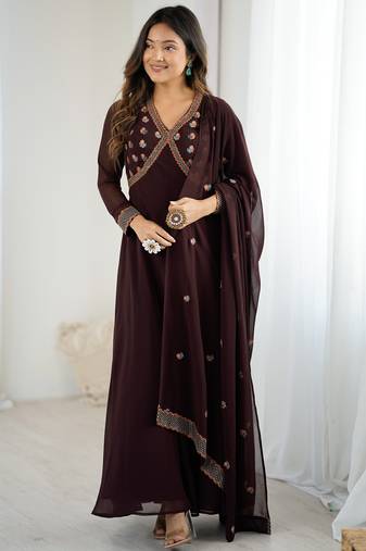 Gorgeous Brown Embroidered Georgette Traditional Gown With Dupatta