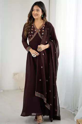 Gorgeous Brown Embroidered Georgette Traditional Gown With Dupatta