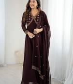 Gorgeous Brown Embroidered Georgette Traditional Gown With Dupatta