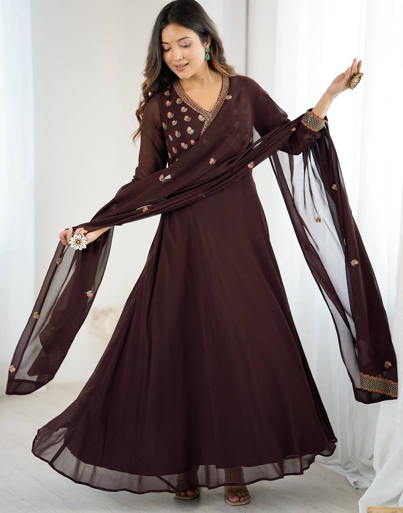 Gorgeous Brown Embroidered Georgette Traditional Gown With Dupatta