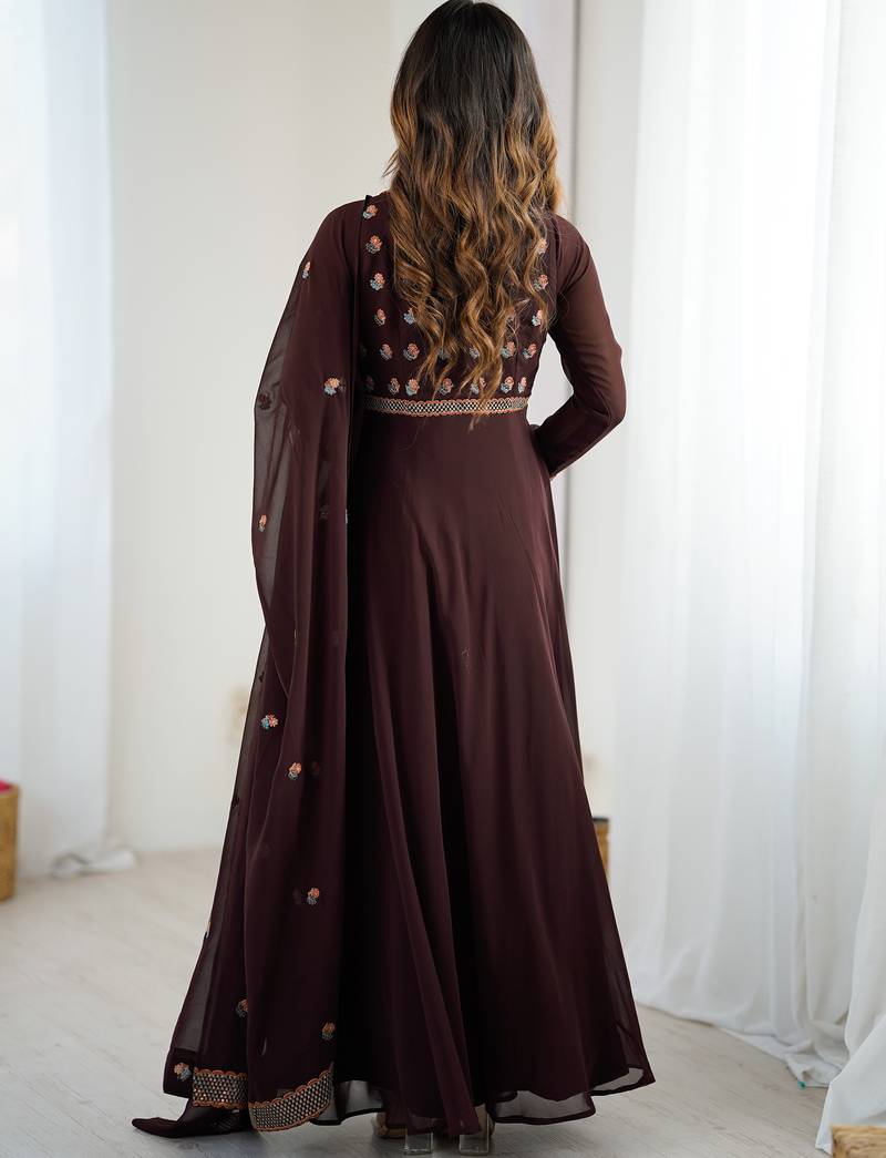Gorgeous Brown Embroidered Georgette Traditional Gown With Dupatta