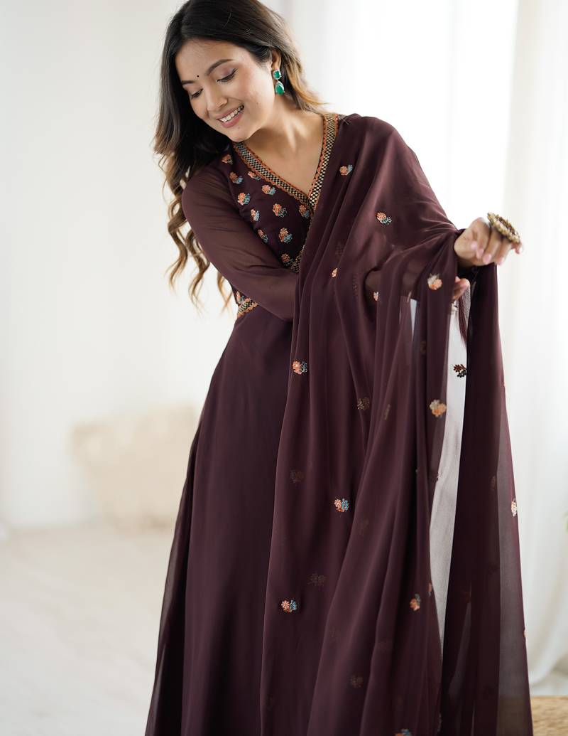 Gorgeous Brown Embroidered Georgette Traditional Gown With Dupatta