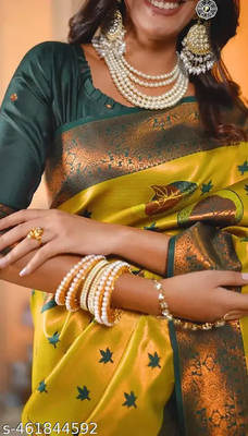 lemon green silk blend banarasi saree with unstitched blouse piece 3