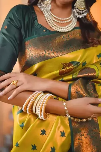 lemon green silk blend banarasi saree with unstitched blouse piece