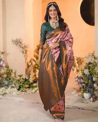 light pink green silk blend banarasi saree with unstitched blouse piece 1