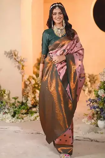 Light pink  green  soft silk blend banarasi jacuard work designer party wear saree with unstitched blouse piece
