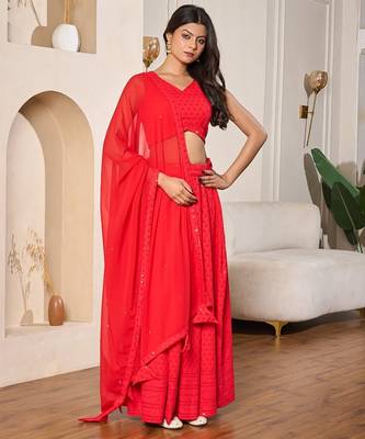 red designer embroidered rayon lehenga choli set for women 1