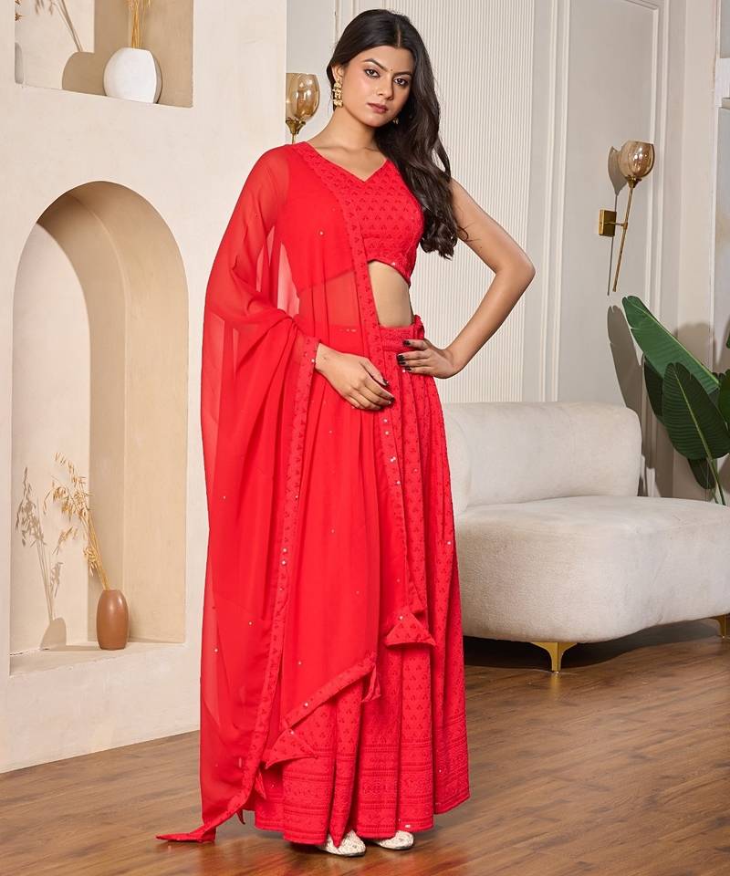 red designer embroidered rayon lehenga choli set for women