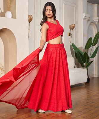 red designer embroidered rayon lehenga choli set for women 2