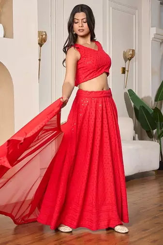 red designer embroidered rayon lehenga choli set for women